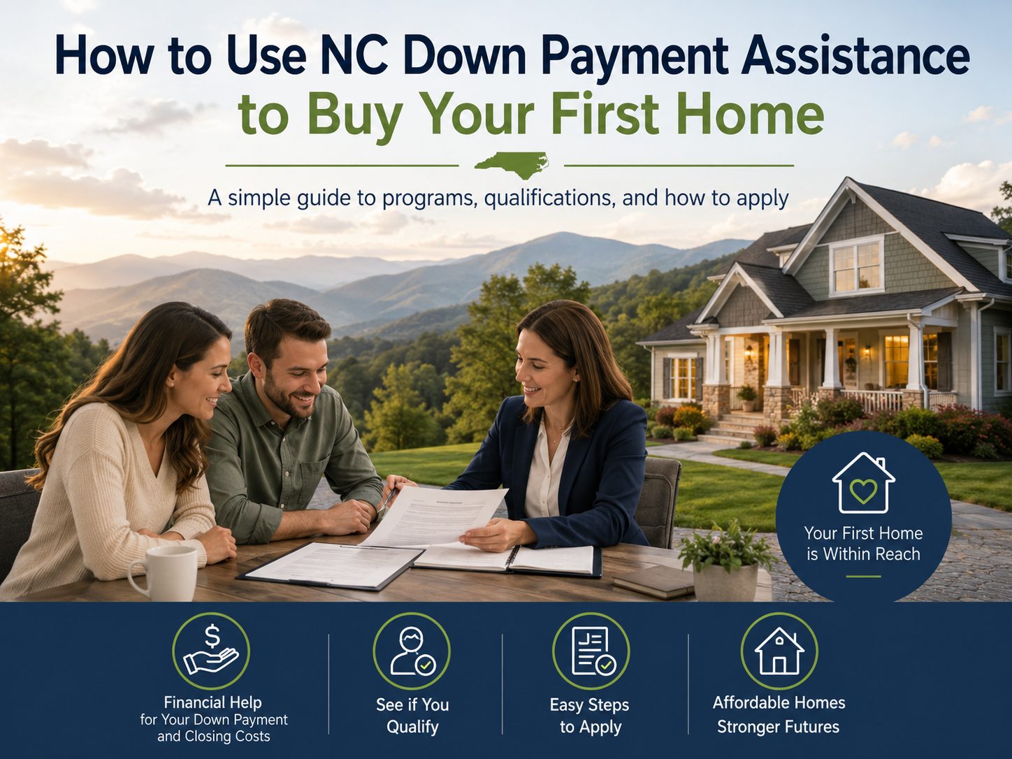NC down payment assistance guide for first time homebuyers, showing a buyer consultation outside a mountain home with icons for financial help, eligibility, application steps, and affordable homeownership.