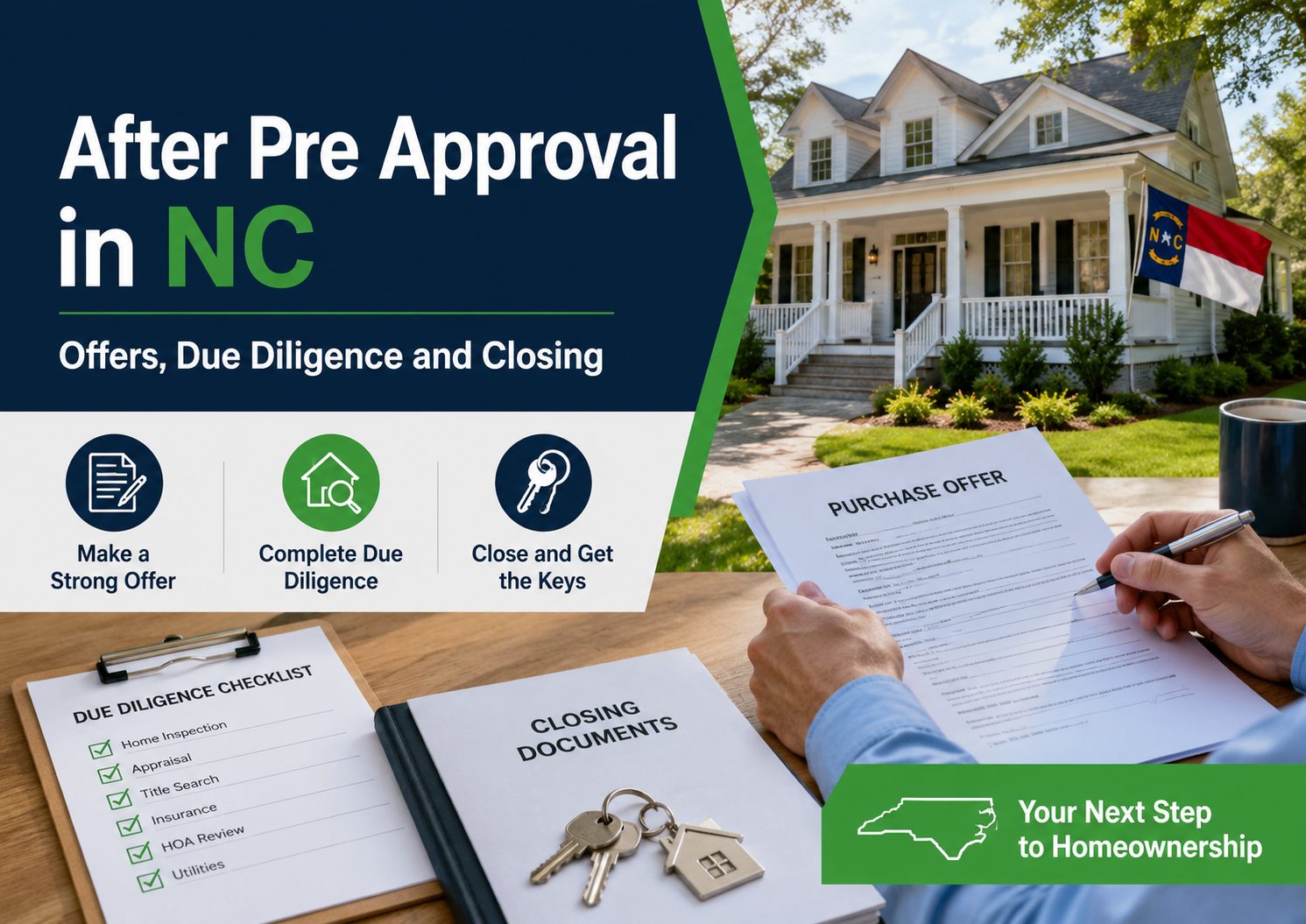 North Carolina homebuyer guide graphic showing a purchase offer, due diligence checklist, closing documents, house keys, and an NC home, explaining the steps after pre approval including making an offer, completing due diligence, and closing on a home.