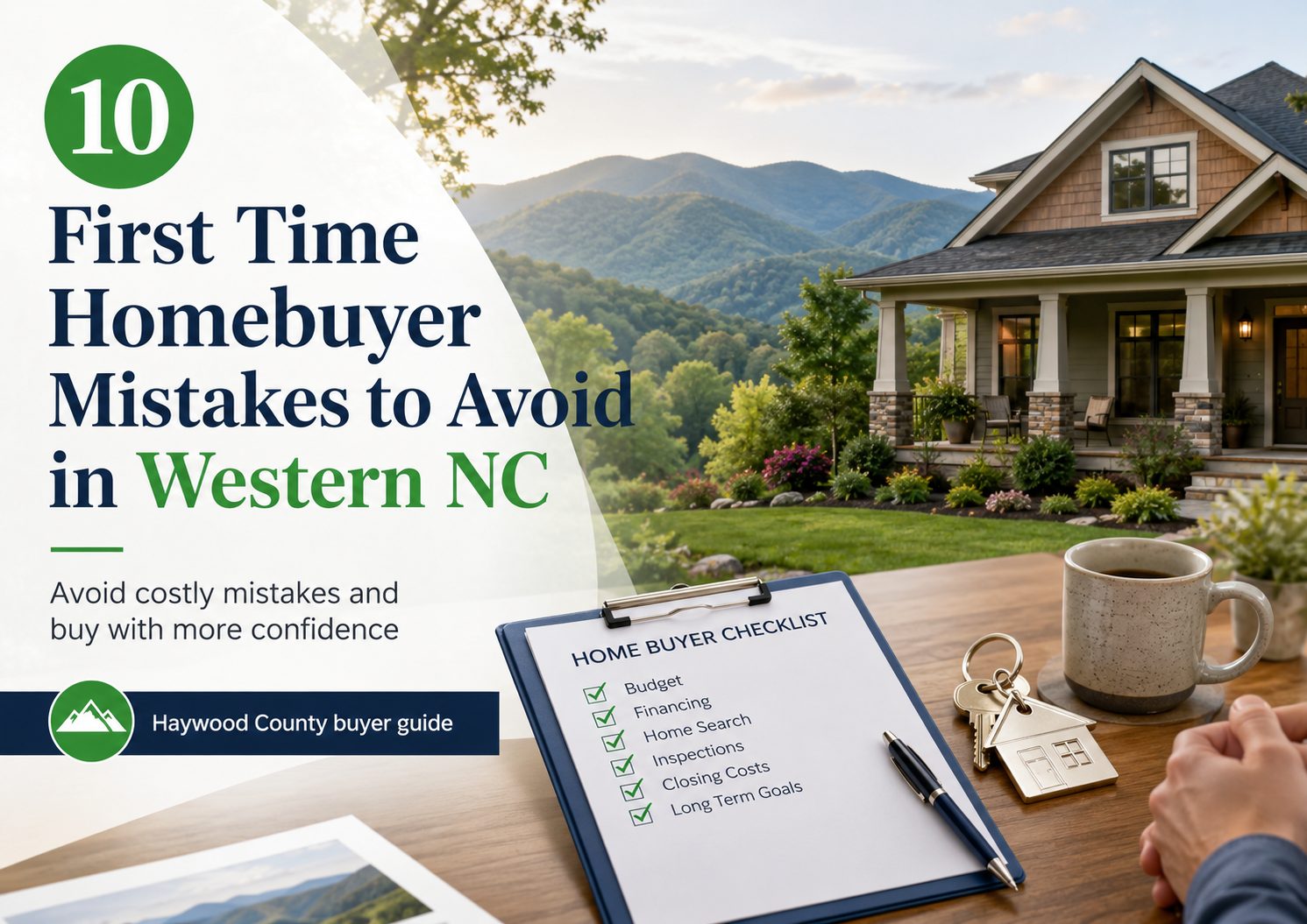 Western NC first time homebuyer mistakes graphic showing a mountain home, buyer checklist, house keys, and Haywood County buyer guide text, helping first time buyers avoid costly mistakes and purchase with more confidence.