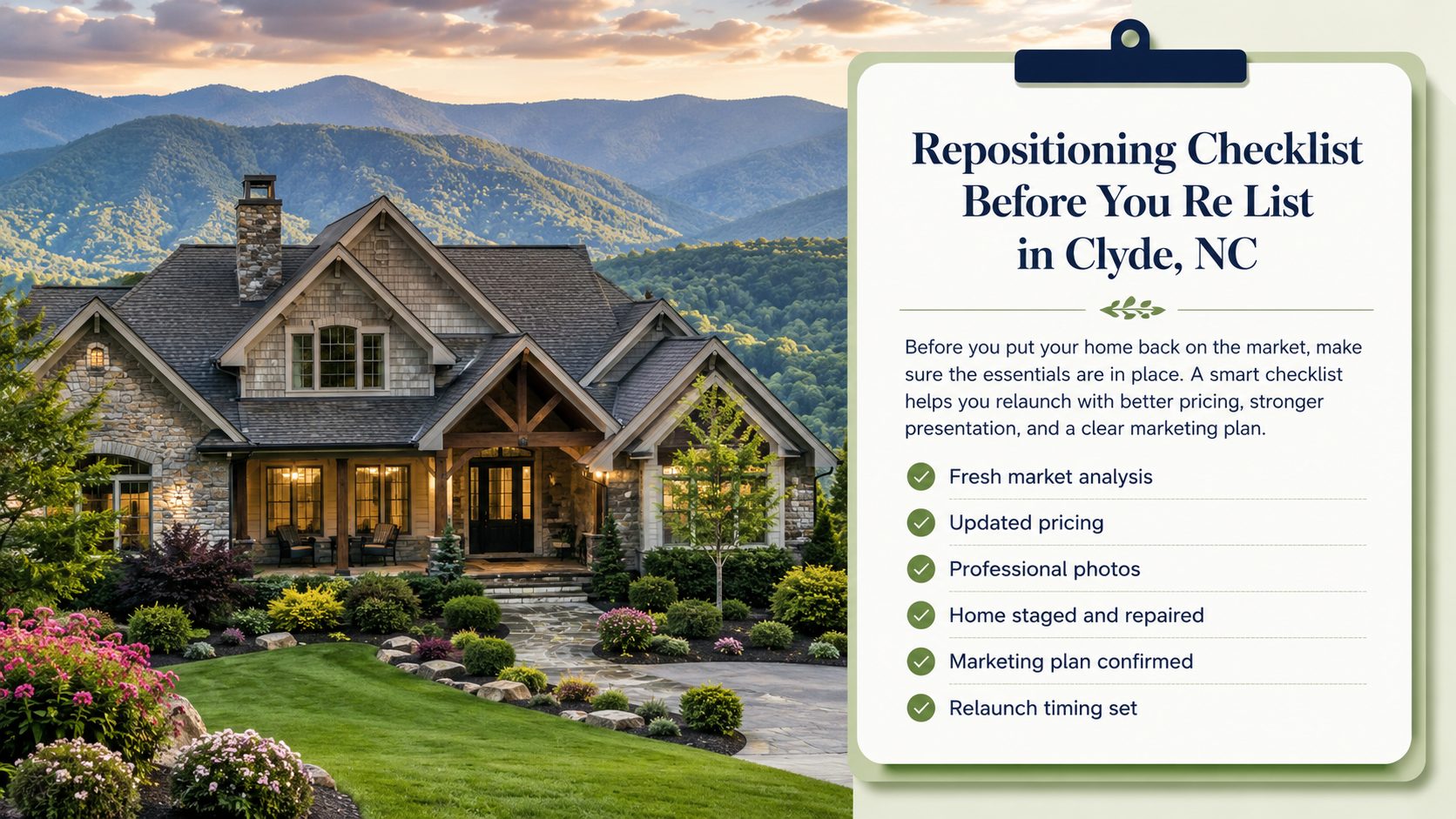 Clyde NC mountain home with a relisting checklist graphic showing key steps before putting an expired listing back on the market, including updated pricing, professional photos, home staging, repairs, marketing, and relaunch timing.