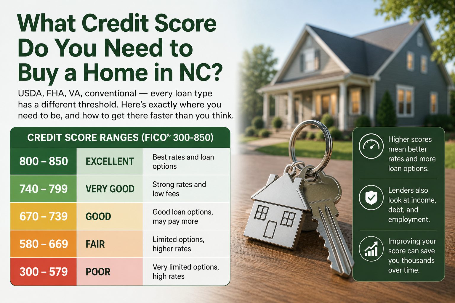 Credit score range infographic for North Carolina homebuyers showing FICO score categories from poor to excellent, a house key on a table, and notes explaining how higher credit scores can mean better loan options, lower rates, and long term savings.