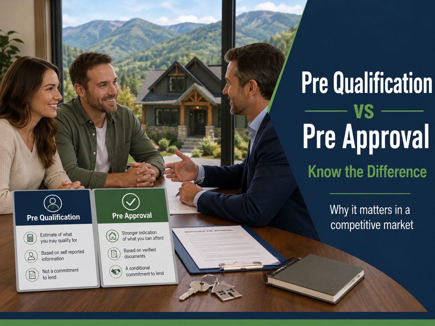Pre qualification versus pre approval blog graphic showing buyers meeting with a lender in front of a Western NC mountain home, with comparison cards explaining that pre qualification is an estimate while pre approval is stronger because it is based on verified documents.