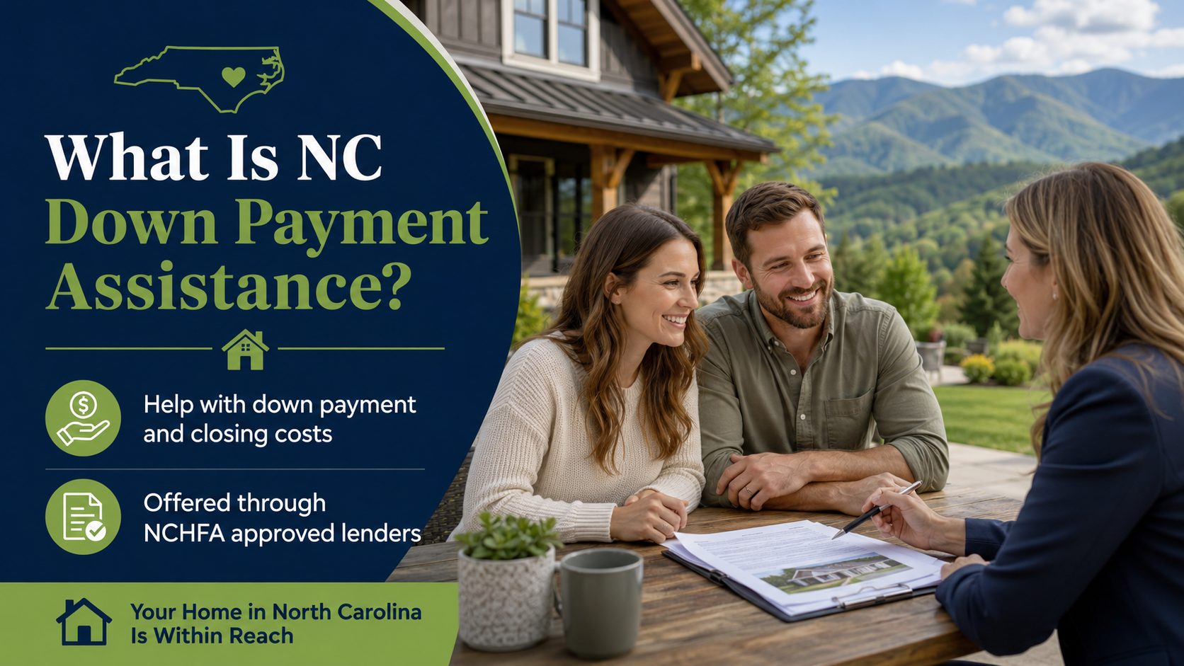 NC down payment assistance overview showing a first time buyer consultation at a mountain home, with key points about help for down payment and closing costs through NCHFA approved lenders.