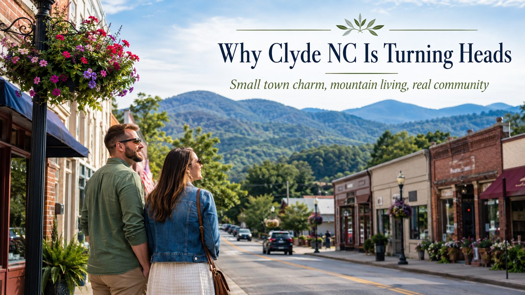 Couple exploring downtown Clyde NC with mountain views, small town storefronts, and text highlighting Clyde as a small town mountain community for homebuyers.