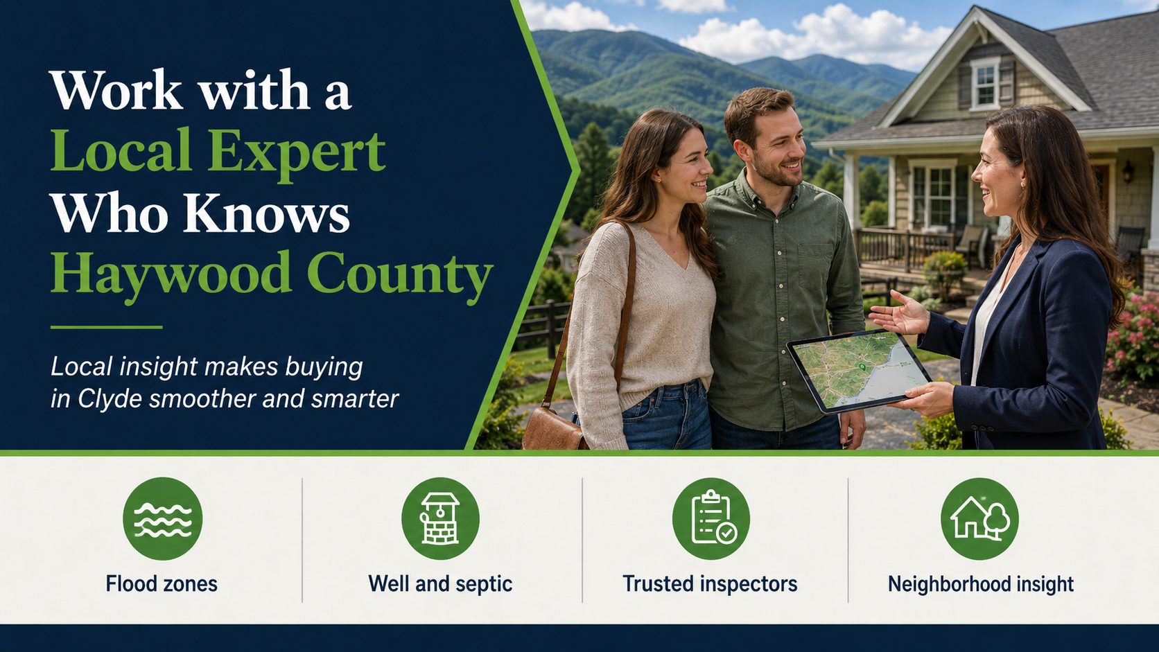 Local Haywood County real estate expert guiding first time buyers outside a Clyde NC mountain home, with key local insights on flood zones, well and septic systems, trusted inspectors, and neighborhood knowledge.