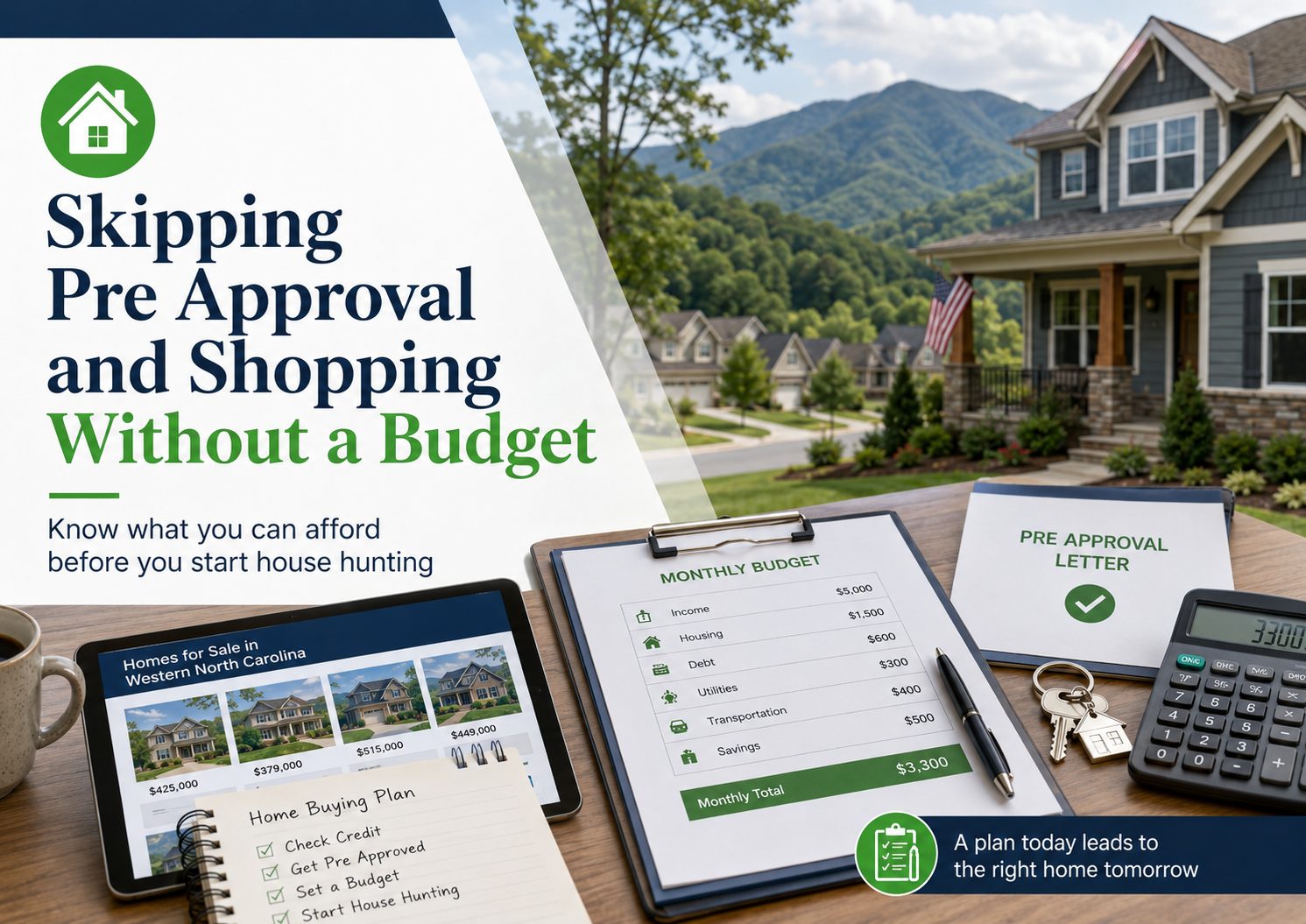 Western NC first time homebuyer graphic showing a mountain neighborhood, home search screen, pre approval letter, monthly budget worksheet, calculator, and house keys, reminding buyers to get pre approved and set a clear budget before house hunting.
