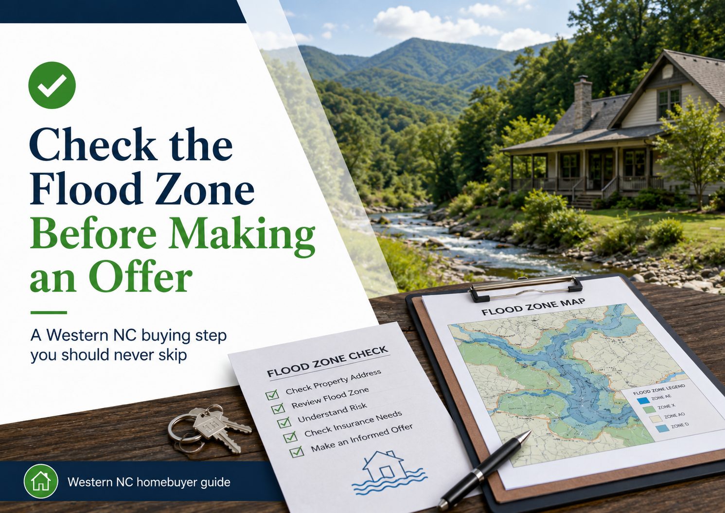Western NC homebuyer guide graphic showing a mountain creek property, flood zone map, flood zone checklist, house keys, and text reminding buyers to check flood risk before making an offer.