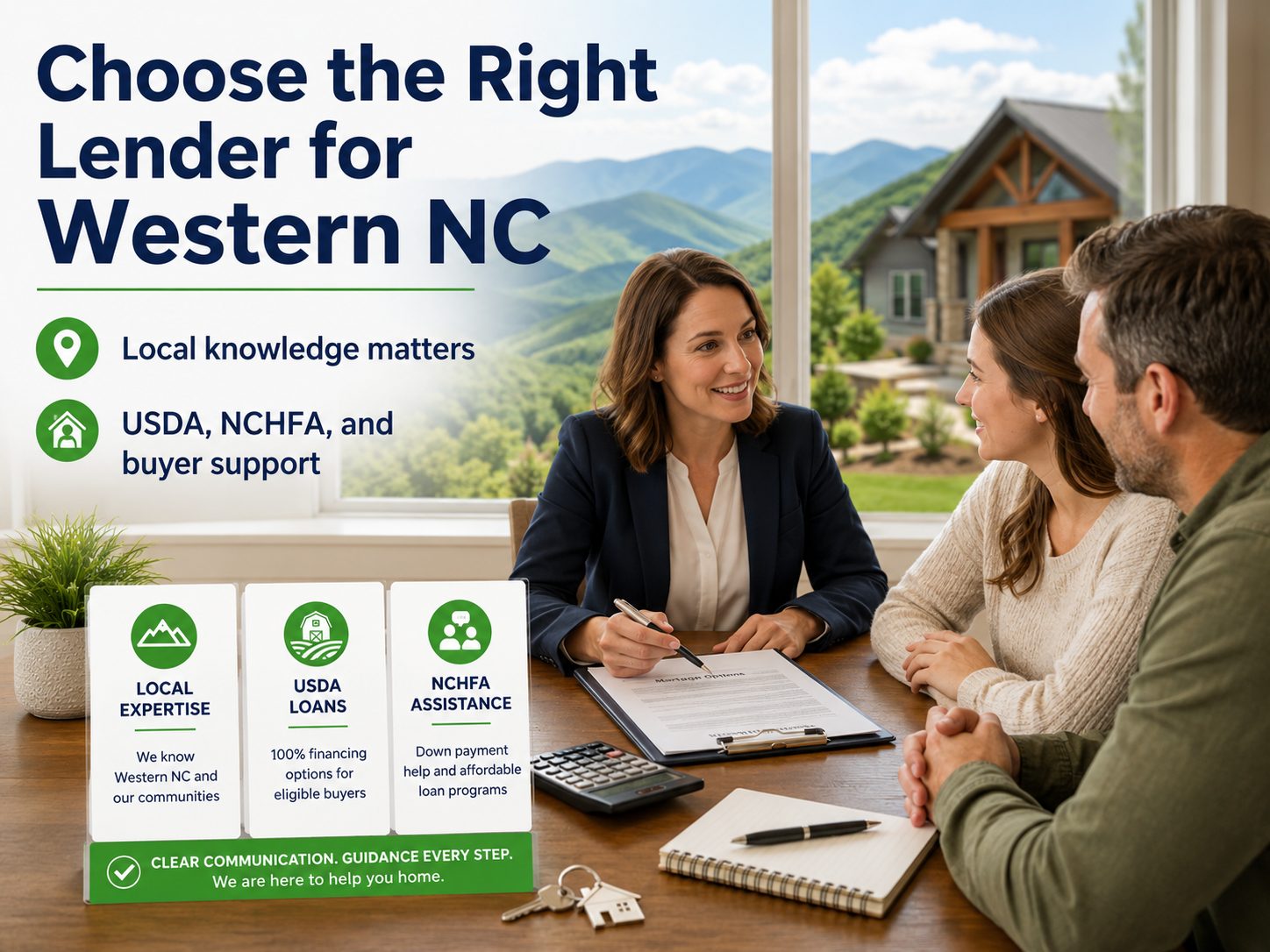 Western NC lender selection blog graphic showing buyers meeting with a mortgage professional, mountain views, a home in the background, and key points about local expertise, USDA loans, NCHFA assistance, and clear communication for homebuyers.