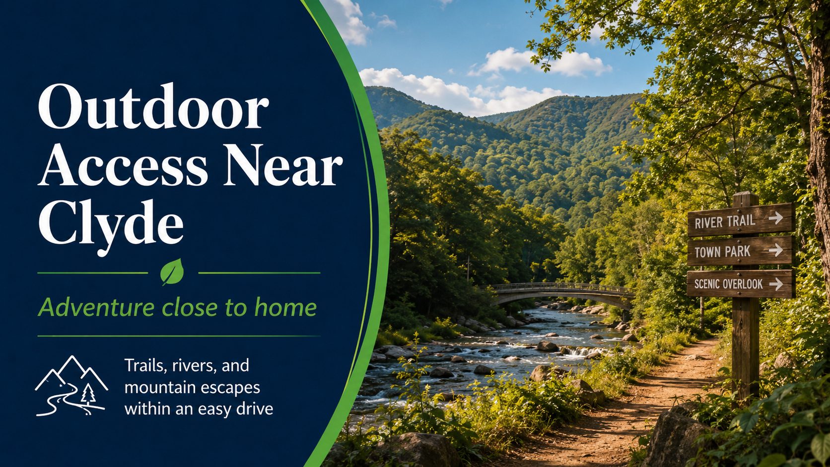 Outdoor lifestyle graphic for Clyde NC showing a mountain river trail, wooded path, scenic overlook signs, and Blue Ridge mountain views, with text highlighting outdoor access, nearby trails, rivers, and mountain escapes within an easy drive.