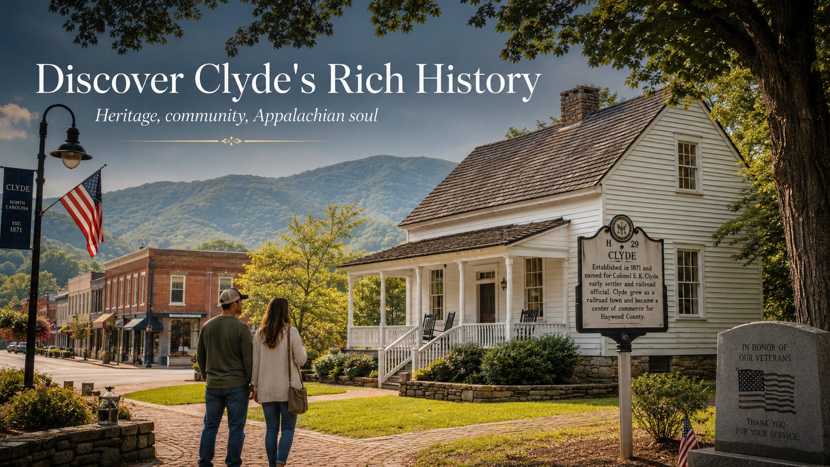 Historic Clyde NC home, veterans memorial, and downtown street with mountain views highlighting Appalachian heritage and community pride.