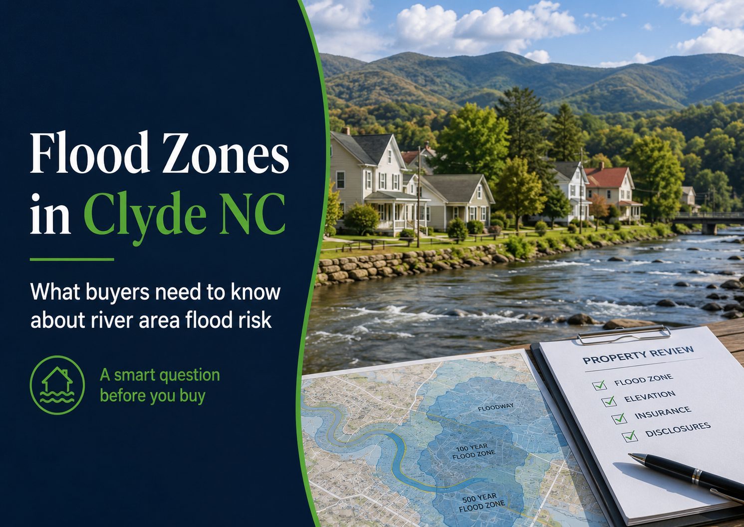 Flood zones in Clyde NC graphic showing homes along a river with mountains, a flood zone map, and a property review checklist for flood zone, elevation, insurance, and disclosures.