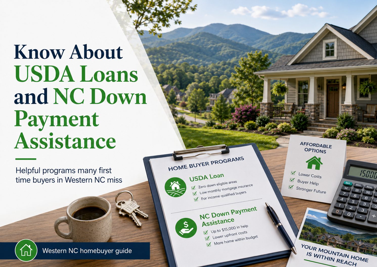 Western NC homebuyer guide graphic showing a mountain home, USDA loan and NC down payment assistance program details, house keys, calculator, and affordable options checklist to help first time buyers understand programs that may lower upfront costs.