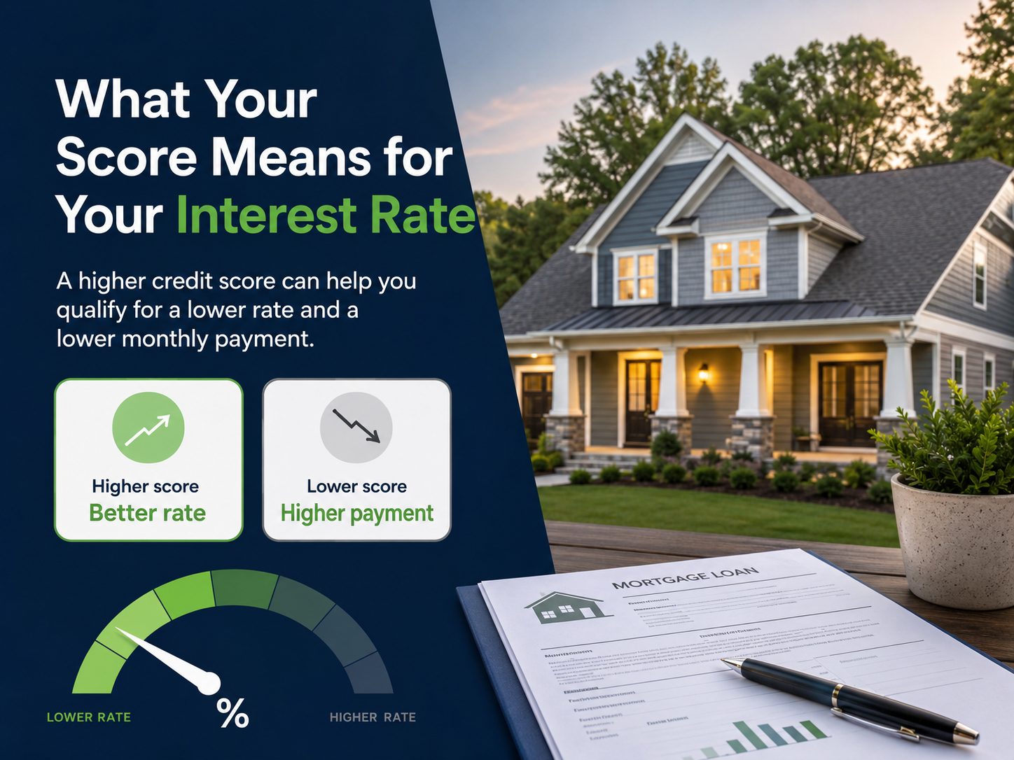 Real estate credit score graphic showing a home, mortgage loan paperwork, and interest rate gauge, explaining that a higher credit score can help buyers qualify for a lower mortgage rate and lower monthly payment.
