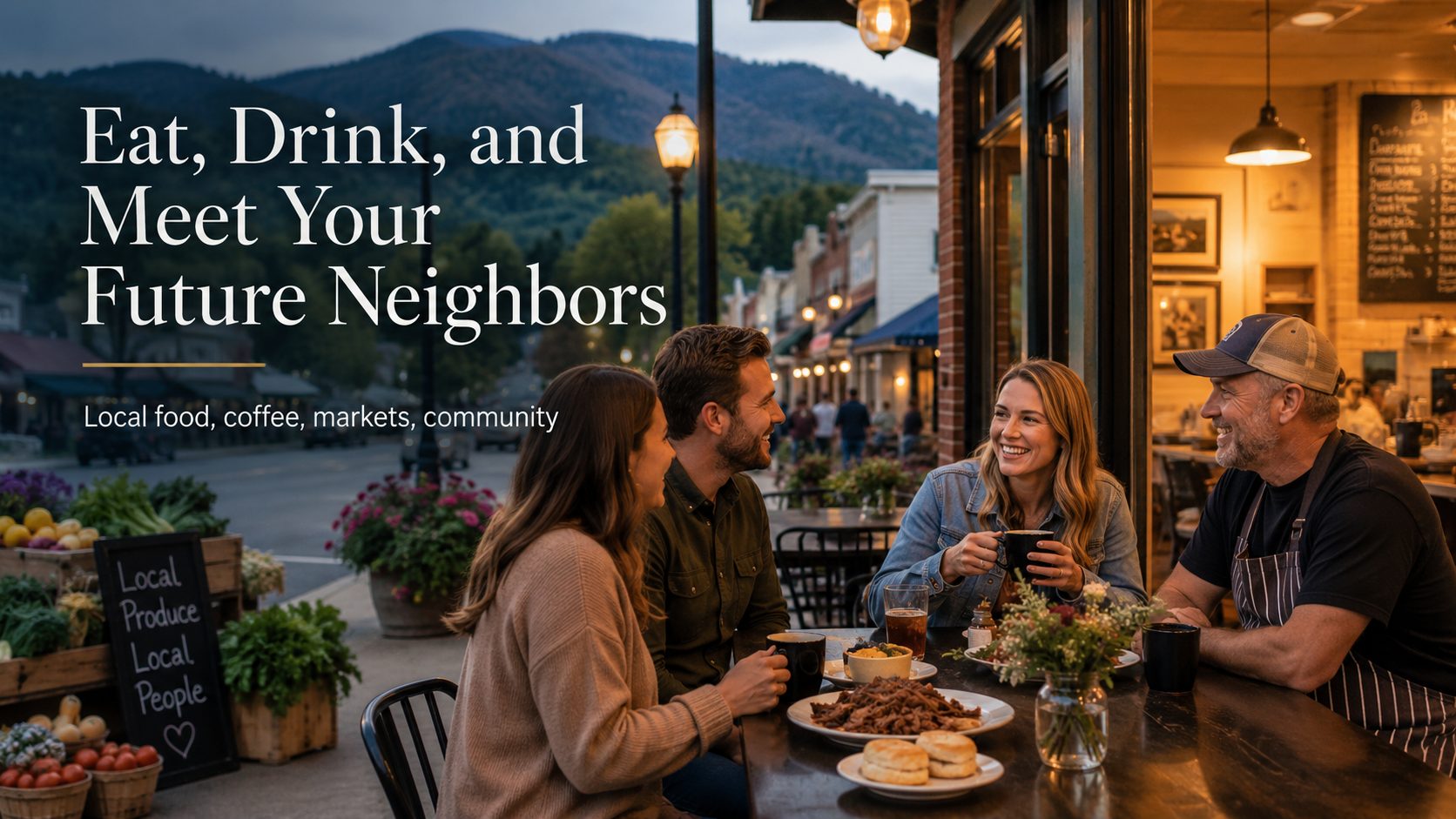 People sharing coffee and local food at a cozy Clyde NC cafe with mountain views, small town dining, and community connection.