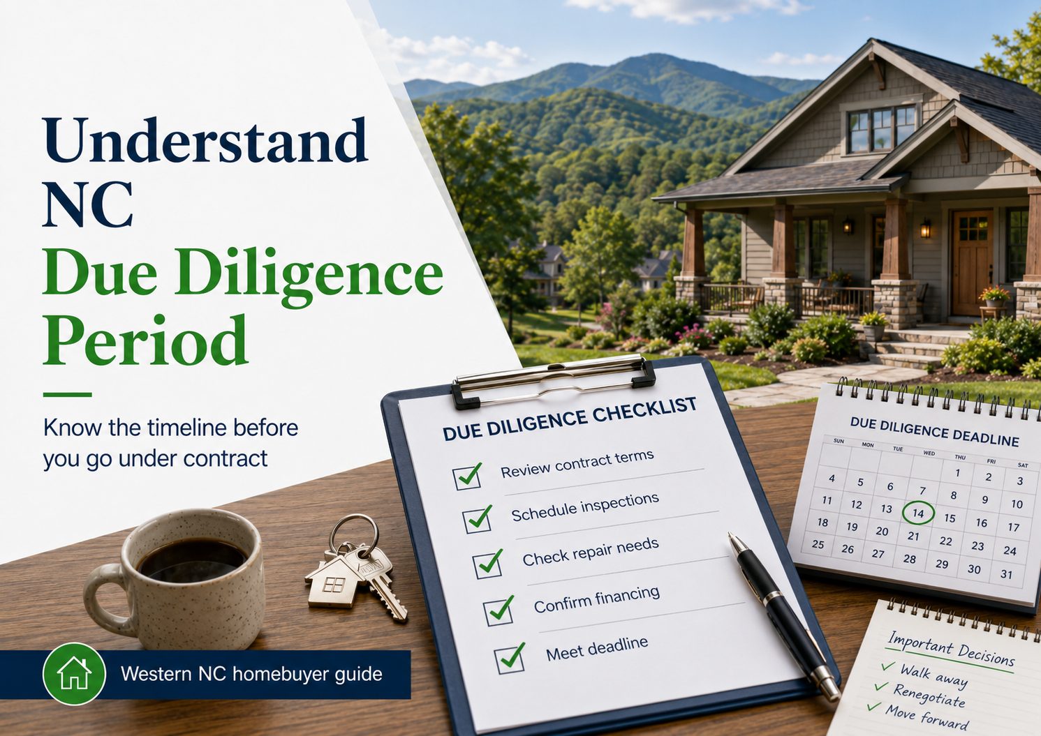 Western NC homebuyer guide graphic showing a mountain home, due diligence checklist, deadline calendar, house keys, and important decision notes to help buyers understand the NC due diligence period before going under contract.
