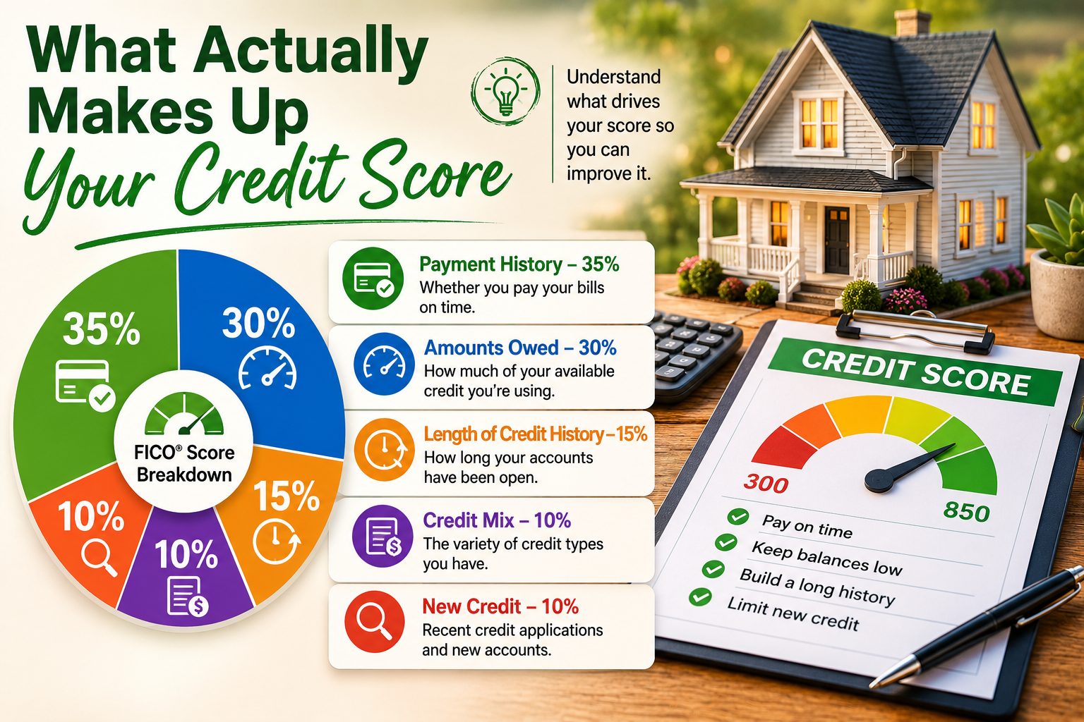 Credit score breakdown infographic showing the five main factors that make up a FICO score, including payment history, amounts owed, length of credit history, credit mix, and new credit, alongside a credit score report, home model, and homebuying checklist.