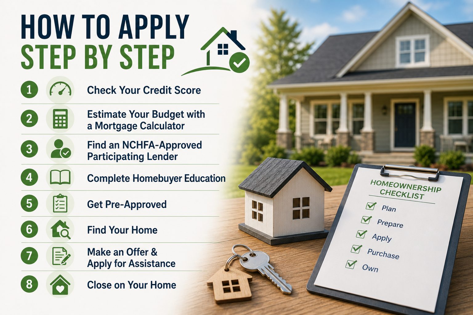 Step by step NC down payment assistance application guide showing a homeownership checklist, house keys, and the process from checking credit and estimating budget to finding an approved lender, getting pre approved, applying for assistance, and closing on a home.