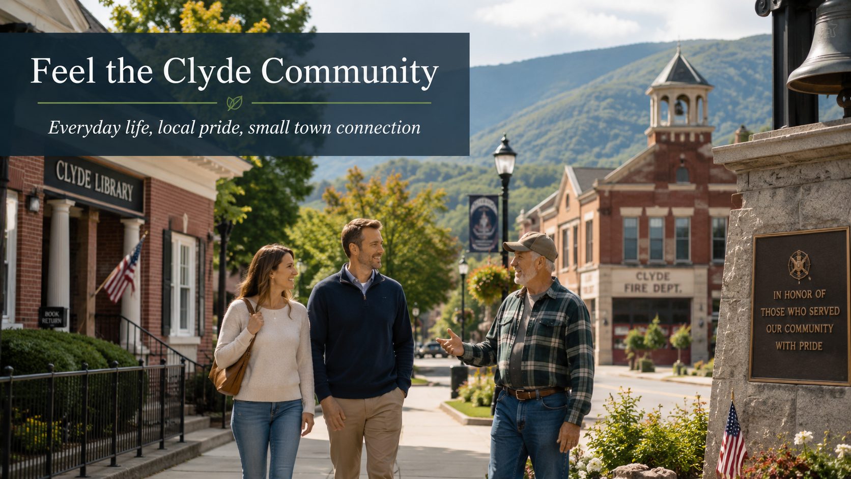 Couple talking with a local resident in downtown Clyde NC near the library, fire department, and veterans memorial with mountain views.