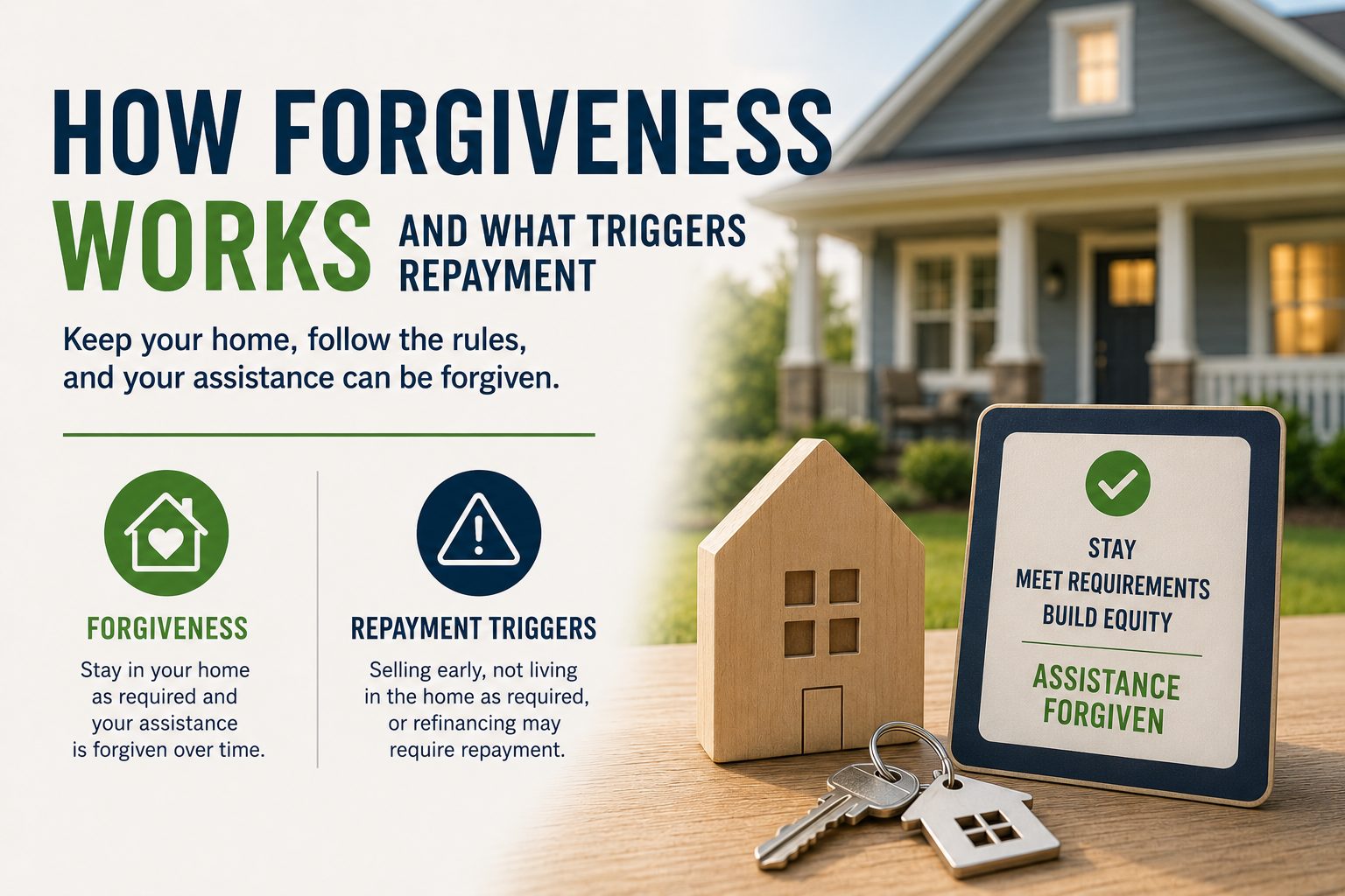 NC down payment assistance forgiveness graphic explaining how assistance can be forgiven over time and what may trigger repayment, including selling early, not living in the home, or refinancing.