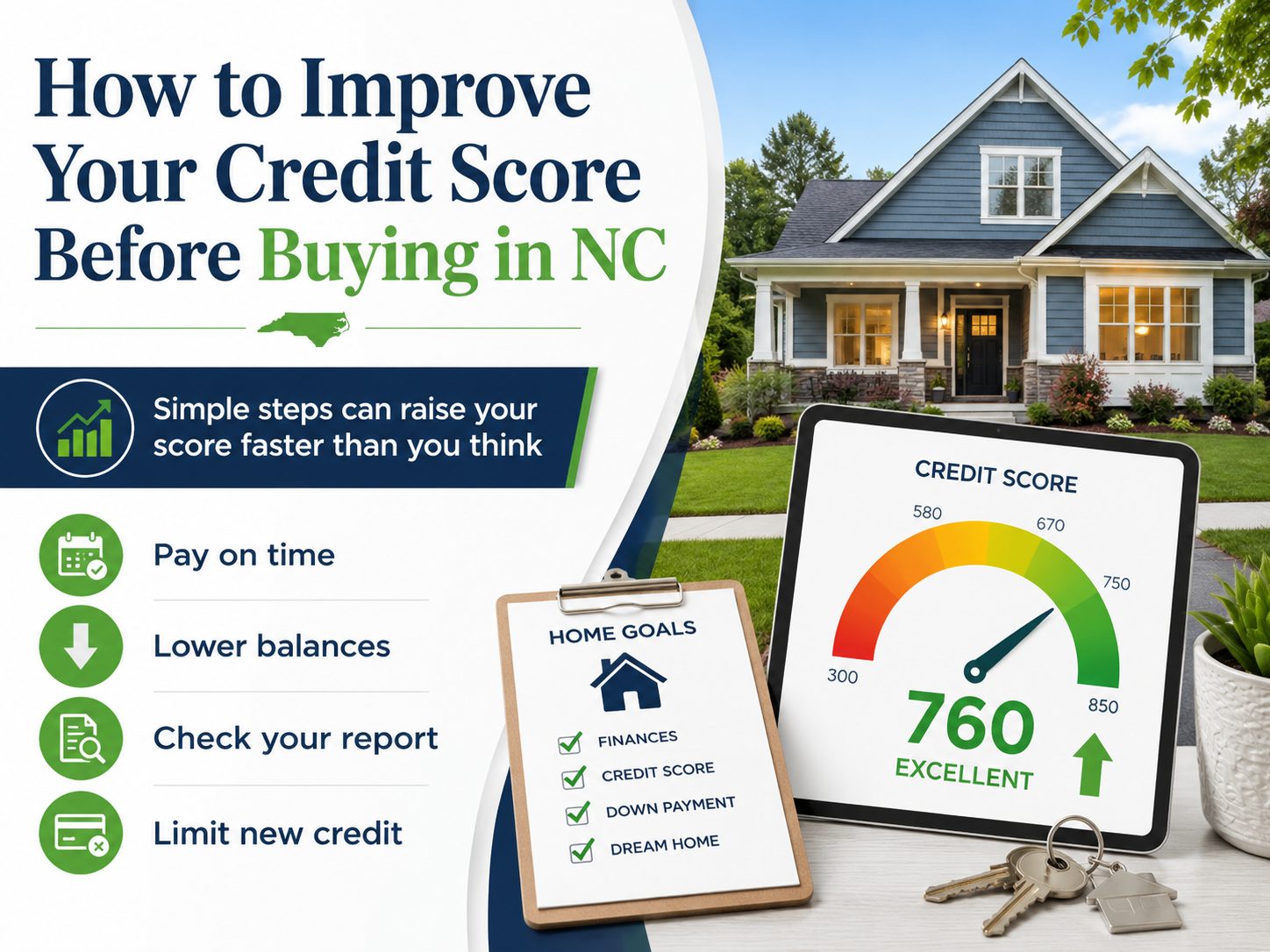 Credit score improvement graphic for North Carolina homebuyers showing a home, credit score gauge reading 760, house keys, and a checklist with steps like paying on time, lowering balances, checking your report, and limiting new credit before buying.