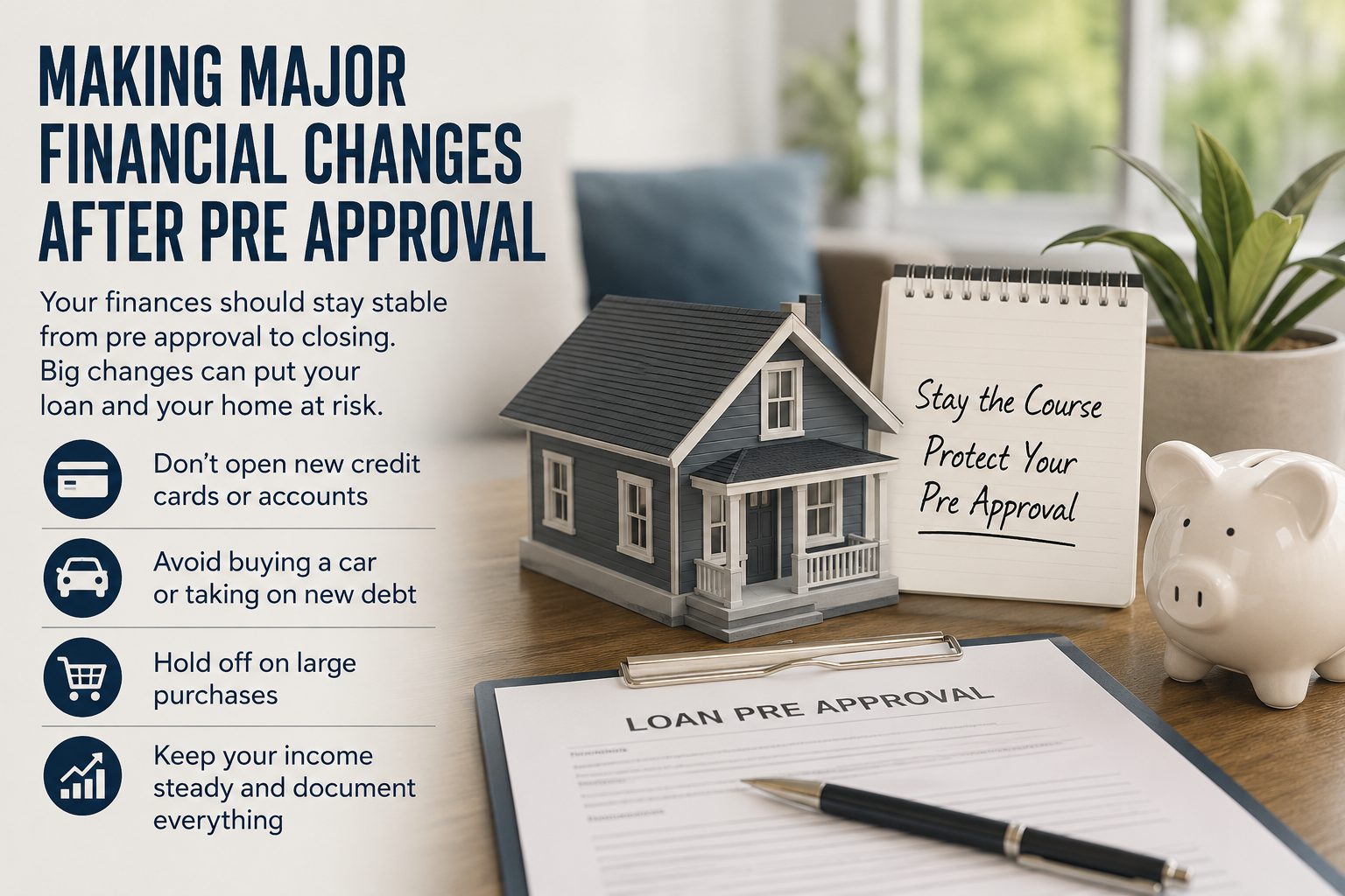 Homebuyer financing graphic showing a model house, loan pre approval paperwork, piggy bank, and checklist reminding Western NC buyers to avoid major financial changes after pre approval, including new credit cards, car loans, large purchases, and undocumented income changes.