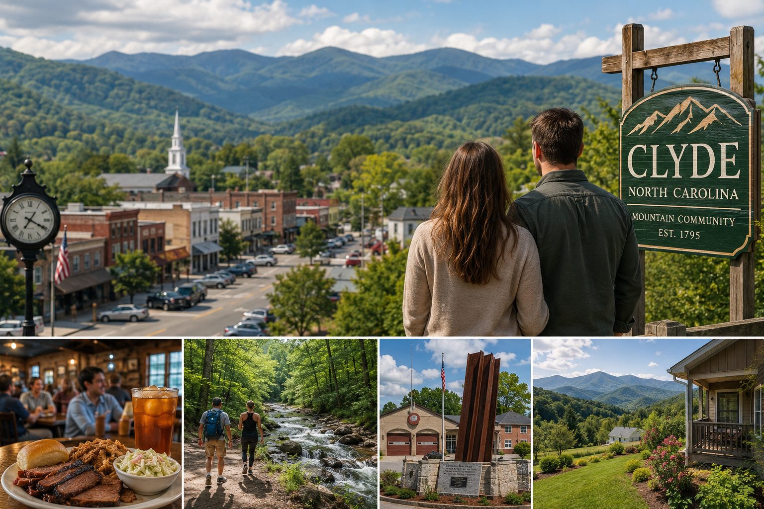 Clyde NC mountain community collage showing downtown, local food, hiking trails, memorial landmarks, scenic homes, and mountain views for homebuyers.