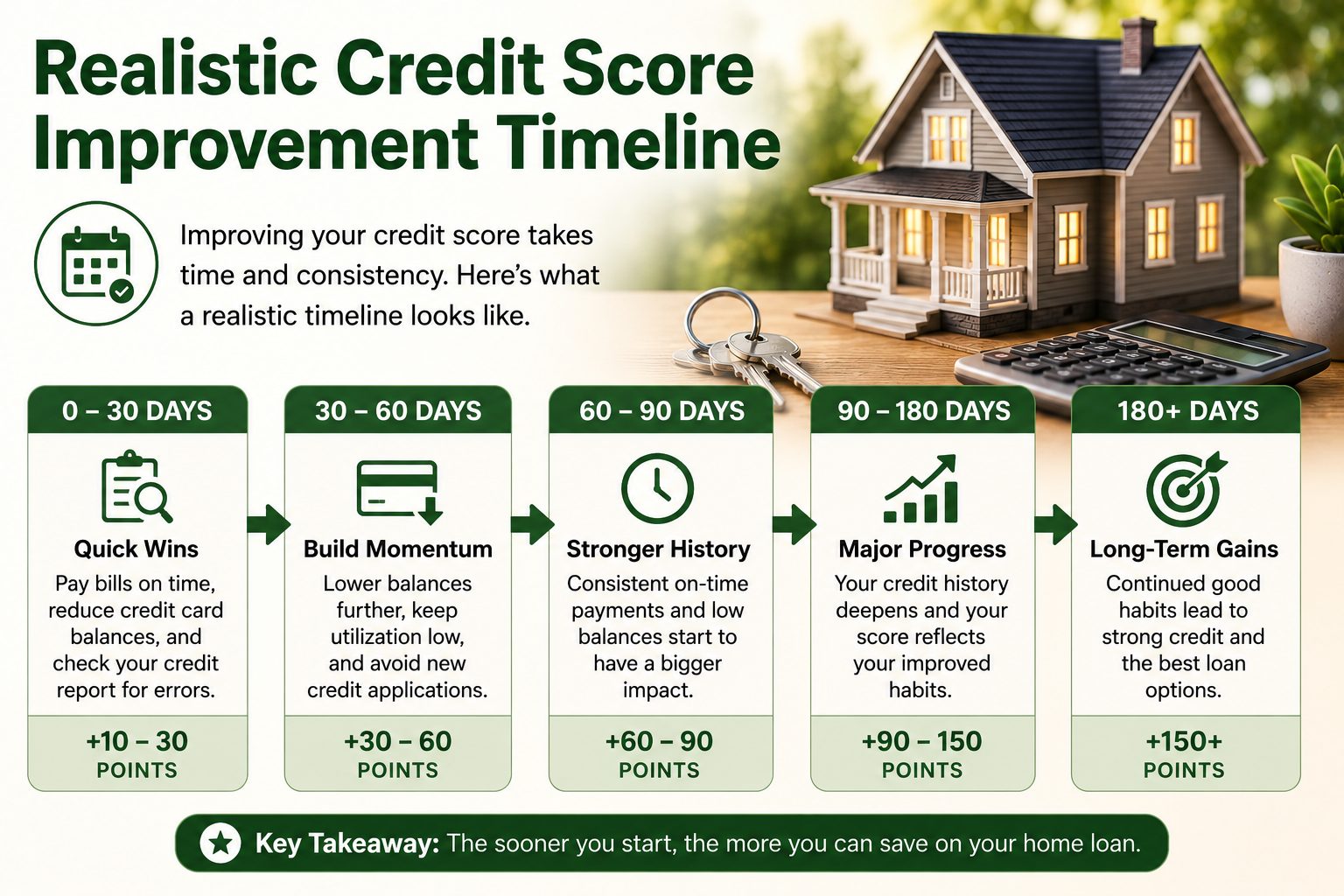 Credit score improvement timeline infographic showing estimated progress from 0 to 180 plus days, with steps for quick wins, building momentum, stronger history, major progress, and long term gains, alongside a home model, keys, and calculator.