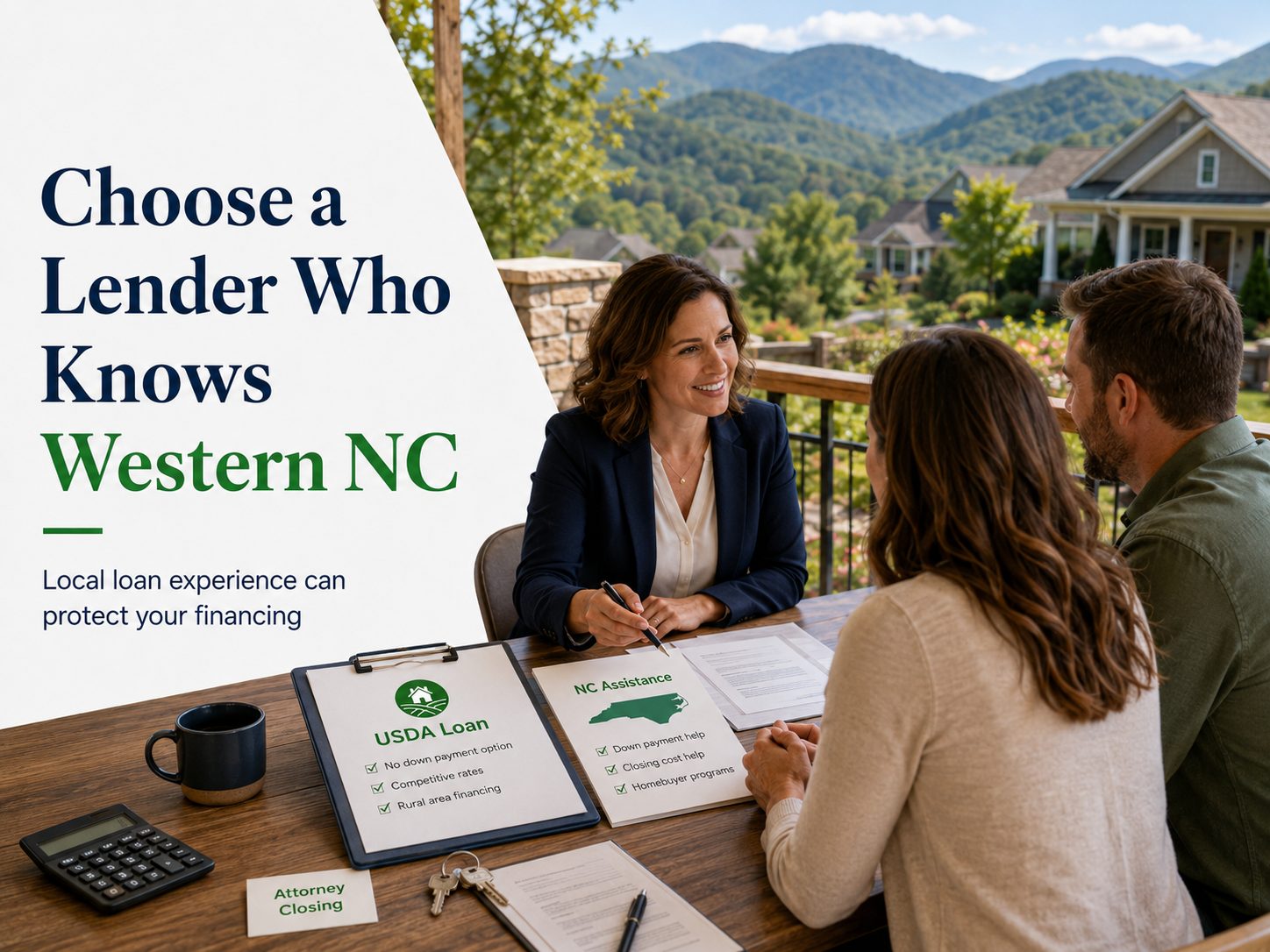 Western NC homebuyer guide graphic showing buyers meeting with a local lender on a mountain view porch, with USDA loan details, NC assistance information, attorney closing notes, calculator, and house keys to emphasize choosing a lender who understands local programs and the NC closing process.