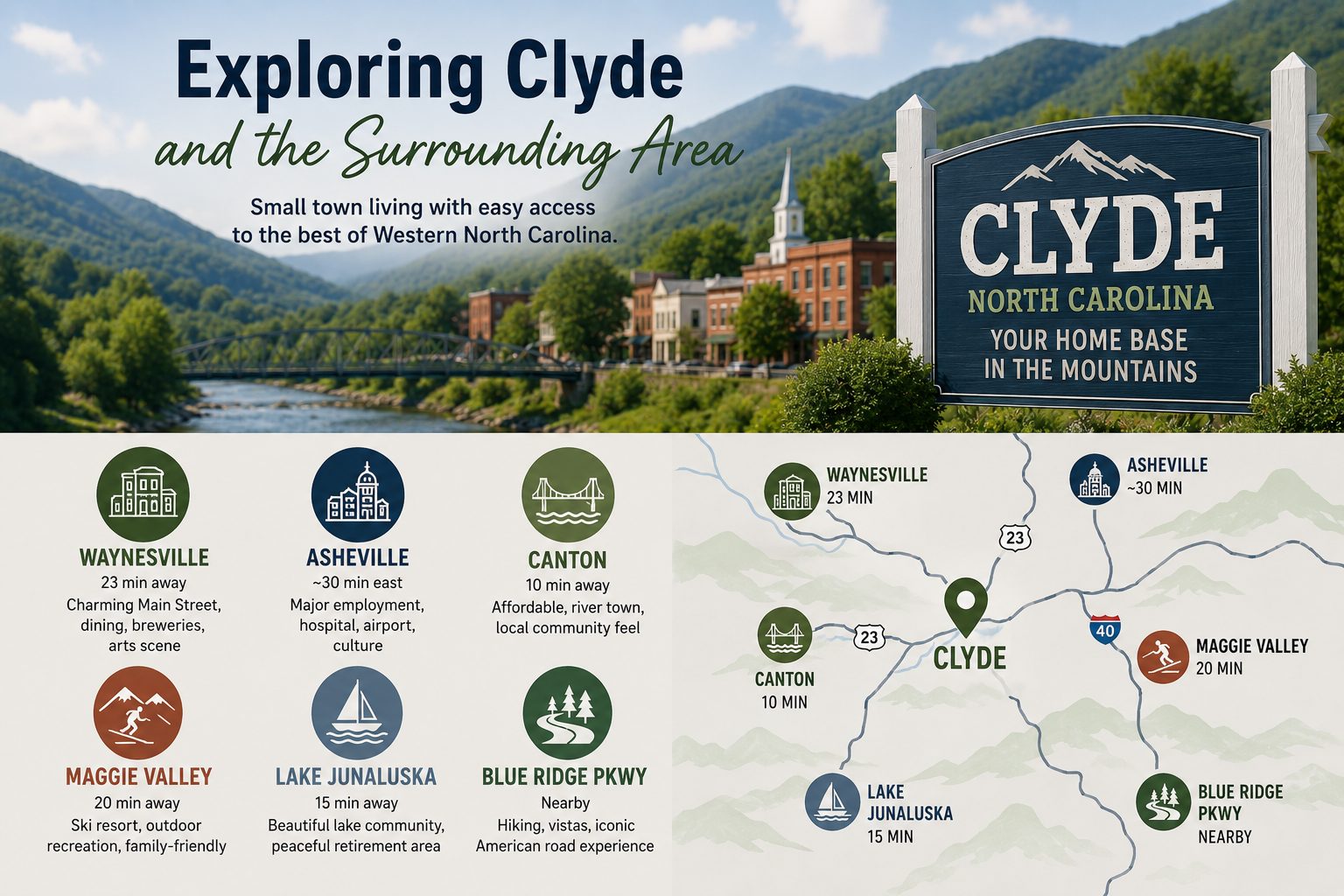 Exploring Clyde NC and the surrounding area with a scenic mountain town background, Clyde welcome sign, and map showing easy access to Waynesville, Asheville, Canton, Maggie Valley, Lake Junaluska, and the Blue Ridge Parkway.