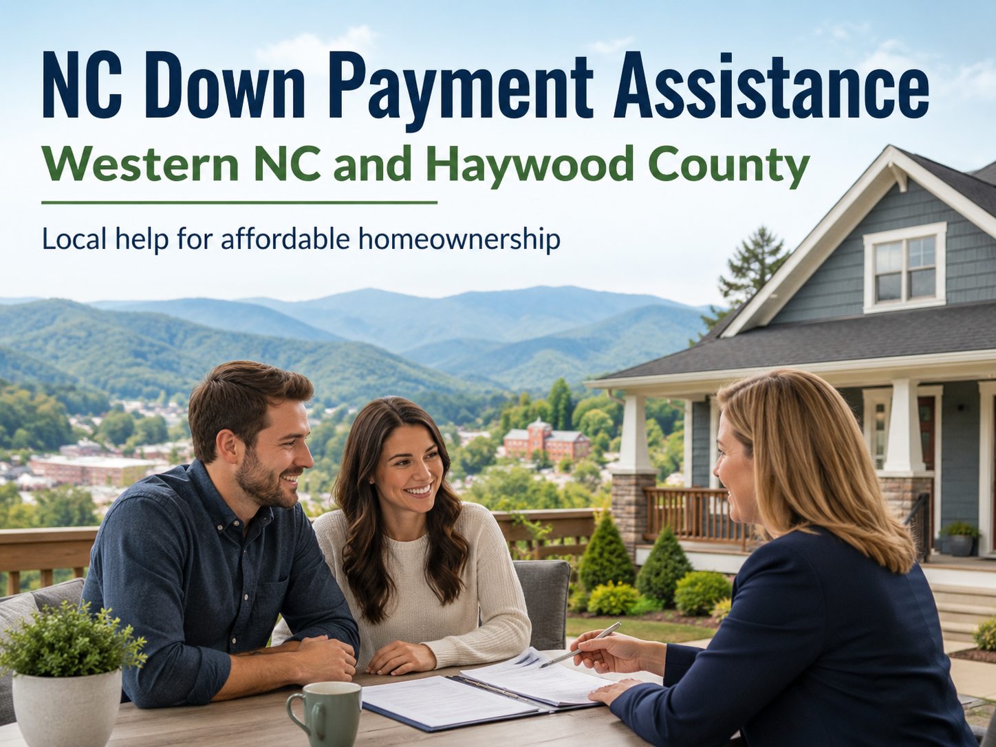 NC down payment assistance in Western NC and Haywood County, showing a first time buyer consultation at a mountain home with local guidance for affordable homeownership.