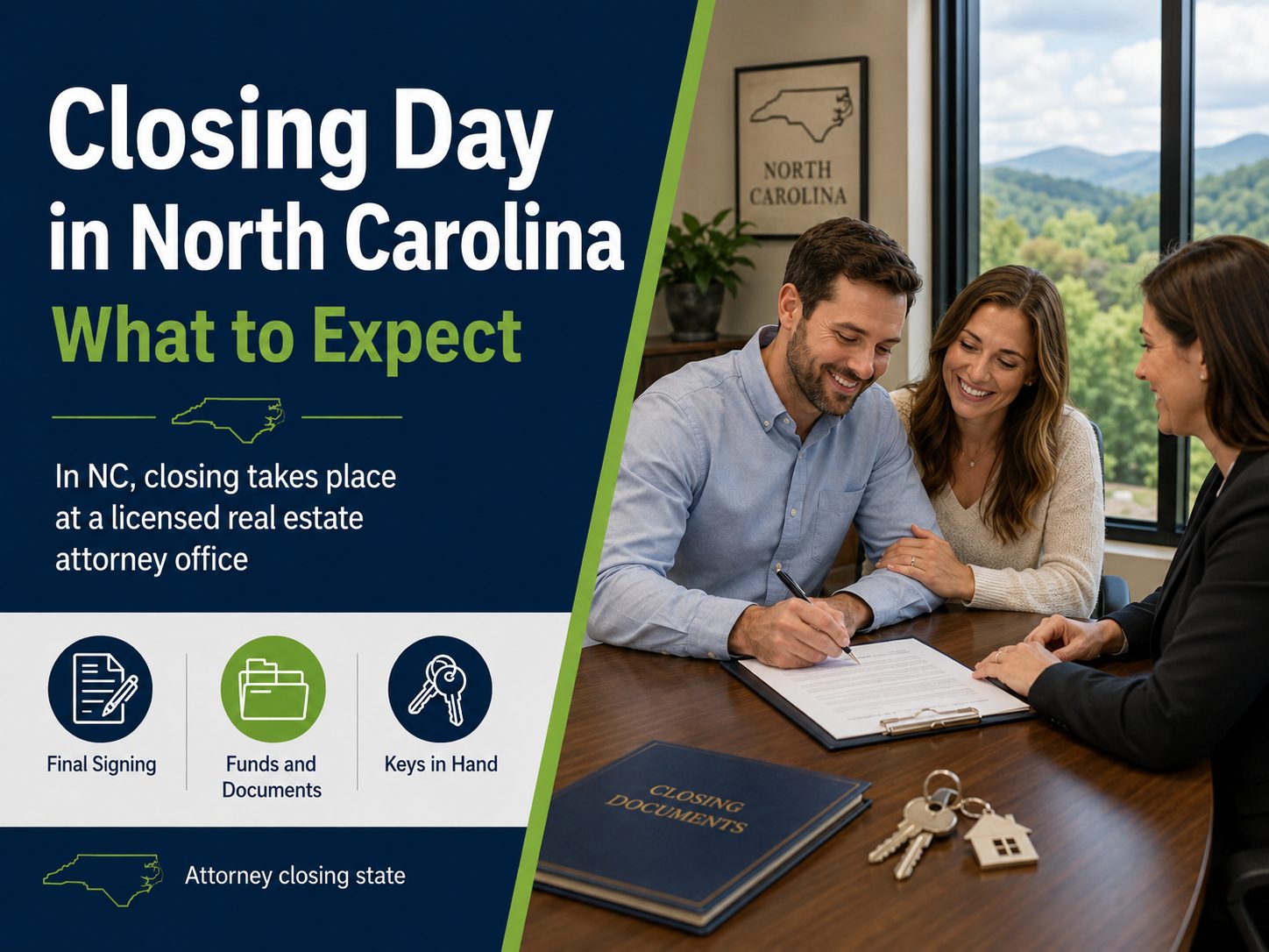 North Carolina closing day graphic showing homebuyers signing final documents with a real estate attorney, closing paperwork, house keys, and a mountain view, explaining that NC closings take place at a licensed real estate attorney’s office.