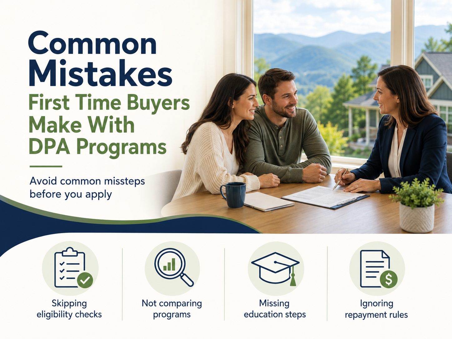 Common mistakes first time buyers make with NC down payment assistance programs, showing a buyer consultation and key reminders to check eligibility, compare programs, complete education steps, and understand repayment rules.