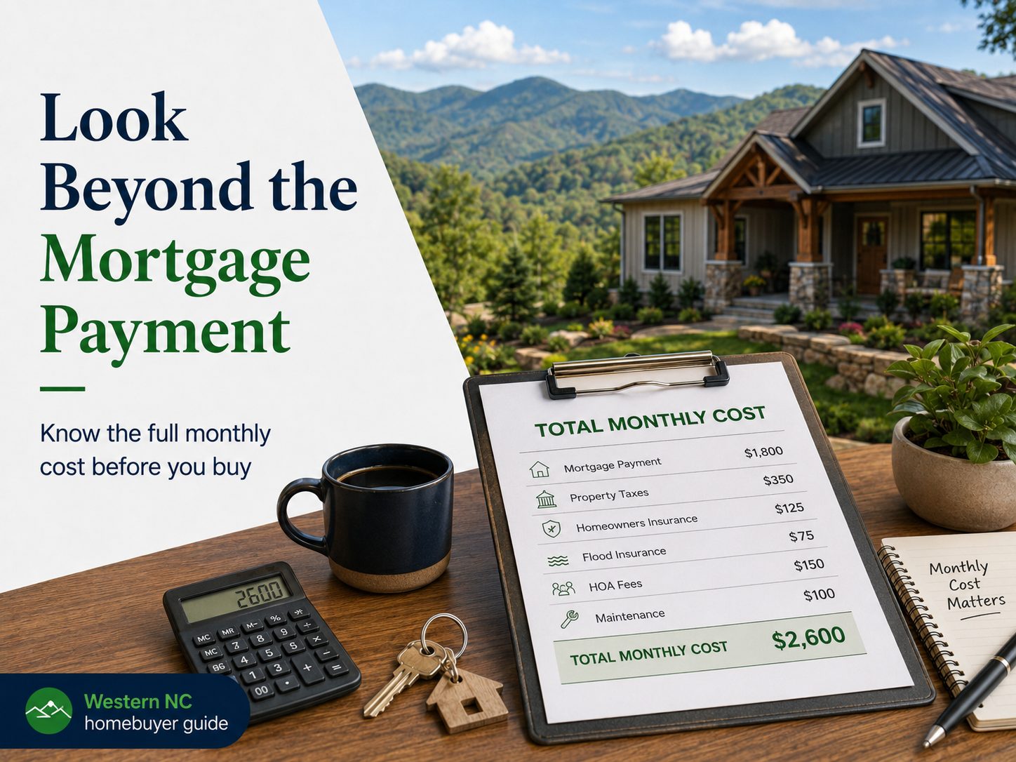Western NC homebuyer guide graphic showing a mountain home, calculator, house keys, coffee mug, and a total monthly cost worksheet that adds mortgage payment, property taxes, homeowners insurance, flood insurance, HOA fees, and maintenance to show the full cost of homeownership.