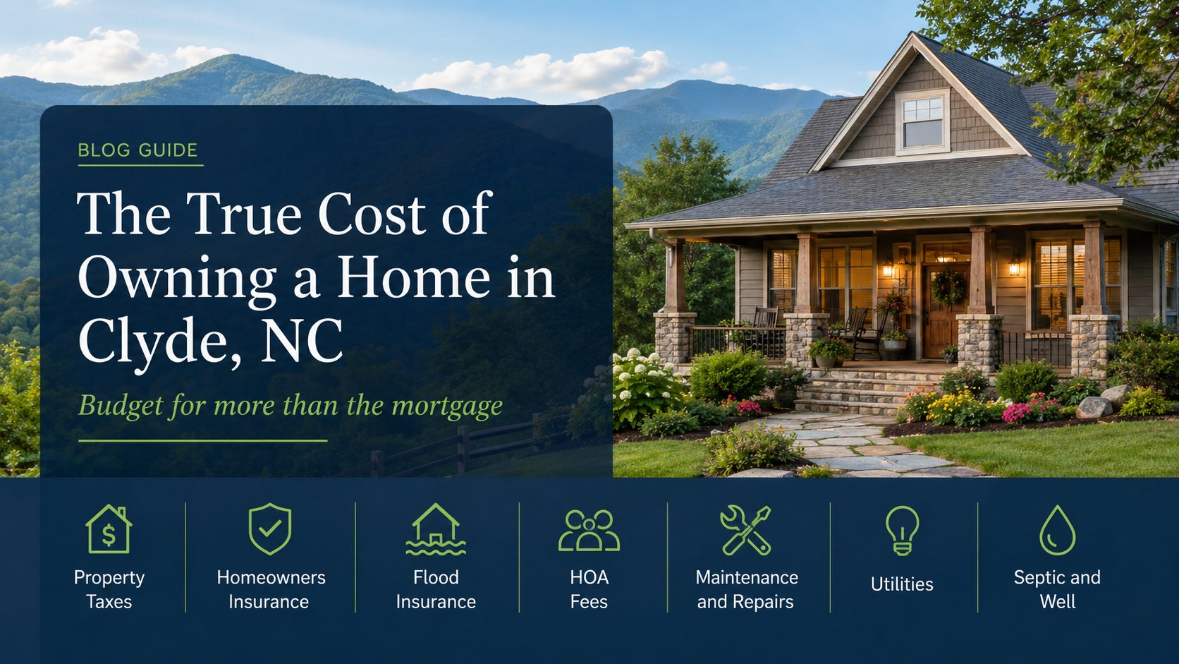 True cost of owning a home in Clyde NC graphic showing a mountain home with Blue Ridge views and buyer expenses including property taxes, homeowners insurance, flood insurance, HOA fees, maintenance, utilities, septic, and well costs.