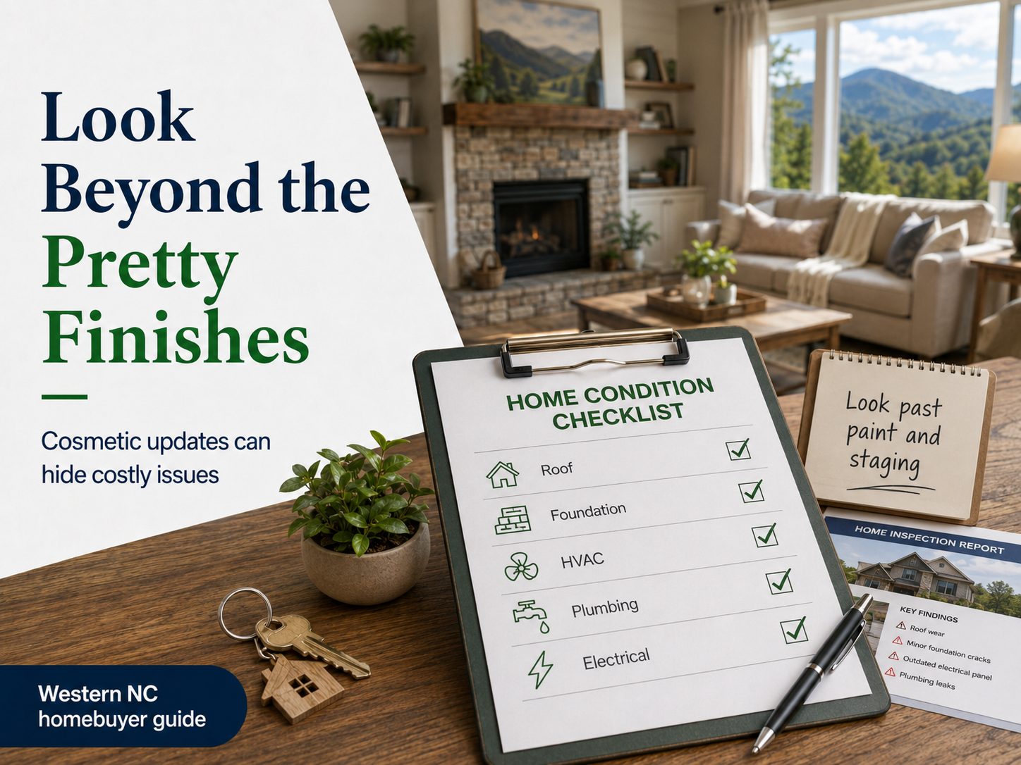 Western NC homebuyer guide graphic showing a staged living room with mountain views, house keys, home condition checklist, inspection report, and reminder to look beyond pretty finishes by reviewing the roof, foundation, HVAC, plumbing, and electrical systems before buying.