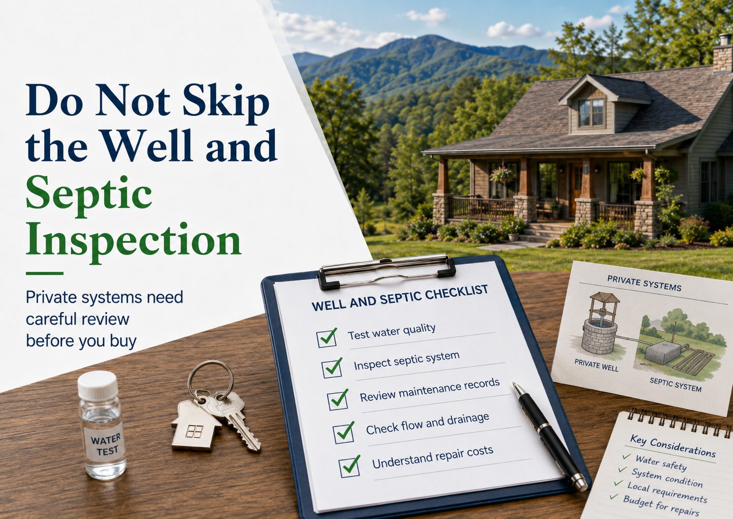 Western NC homebuyer guide graphic showing a mountain home, well and septic checklist, private system diagram, water test bottle, house keys, and notes reminding buyers to inspect private well water and septic systems before buying.