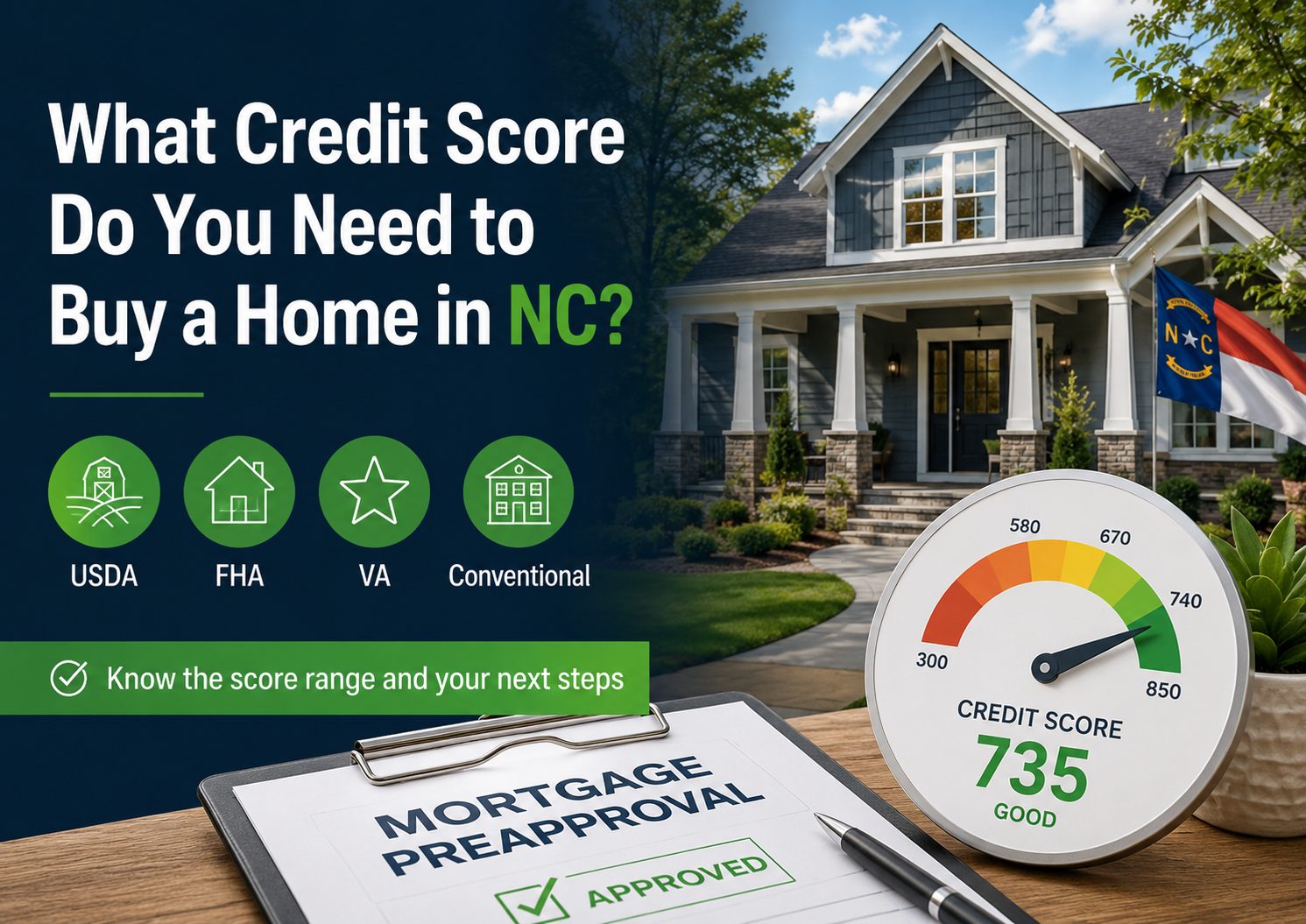 North Carolina homebuyer credit score graphic showing a gray house, loan program icons for USDA, FHA, VA, and conventional loans, a mortgage preapproval form, and a credit score gauge reading 735 with the message to know your score range and next steps.
