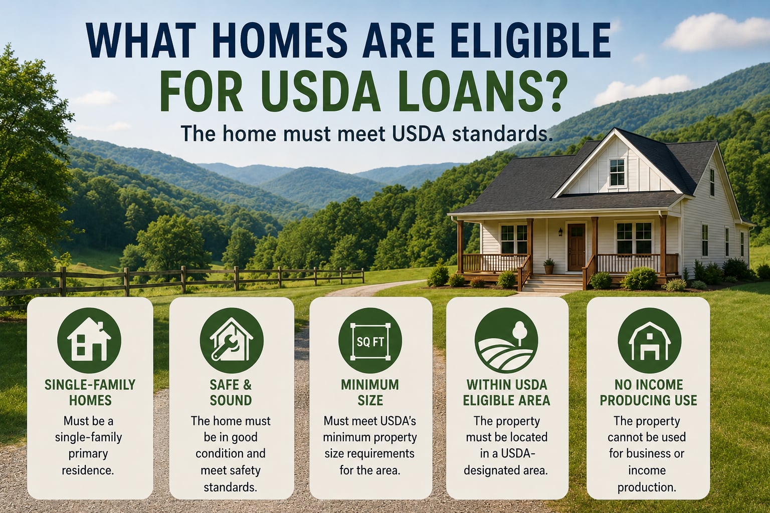 USDA home eligibility infographic showing a Western NC rural property and key requirements, including single family use, safe condition, minimum size, eligible location, and no income producing use.