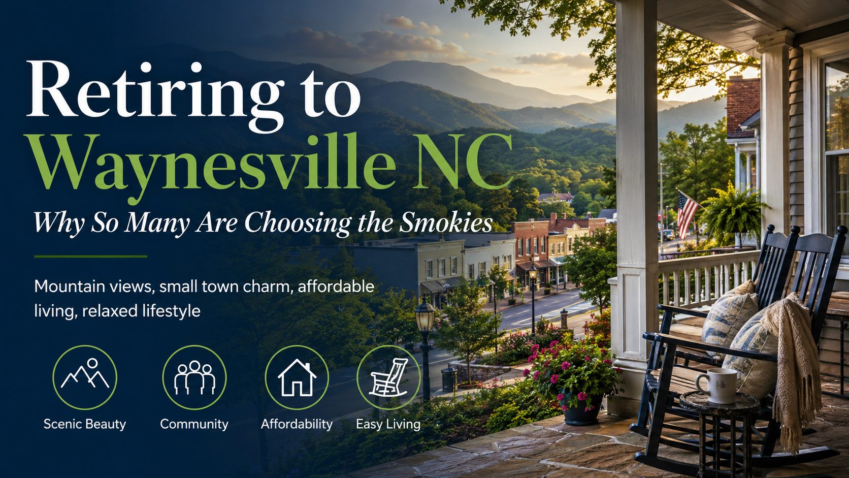 Retiring to Waynesville NC blog graphic showing Smoky Mountain views, a relaxing front porch with rocking chairs, downtown Waynesville, and icons for scenic beauty, community, affordability, and easy living.