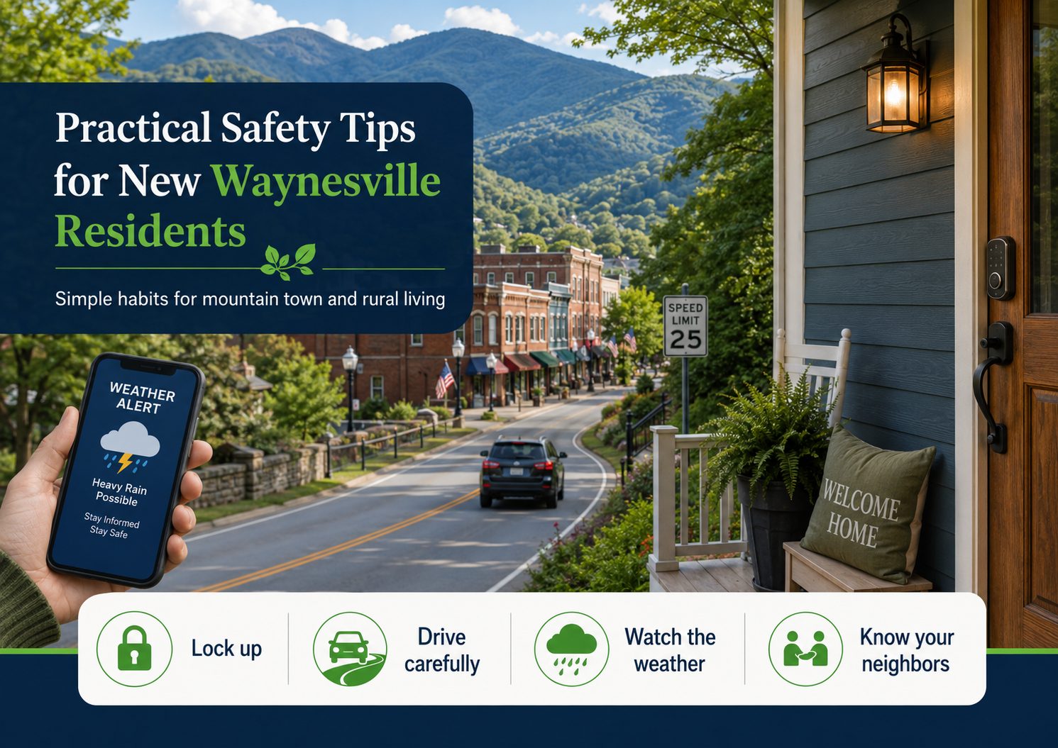 Practical safety tips graphic for new Waynesville NC residents showing a mountain town road, front porch with smart lock and porch light, weather alert phone, and safety icons for locking up, careful driving, watching the weather, and knowing your neighbors.