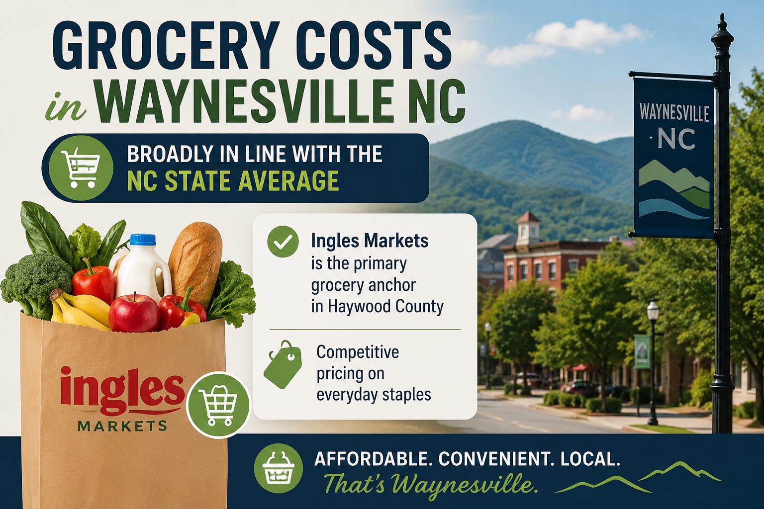 Grocery costs in Waynesville NC blog graphic showing an Ingles Markets grocery bag, fresh produce, downtown Waynesville street view, mountain backdrop, and key points about grocery prices being in line with the NC state average.